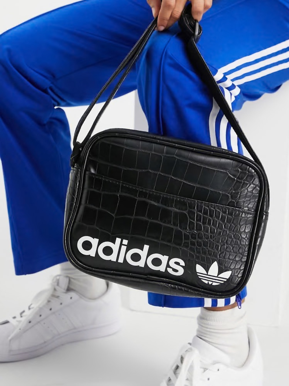 adidas Black Croc-Embossed Crossbody Bag National Waist Pack In Black Croc/white